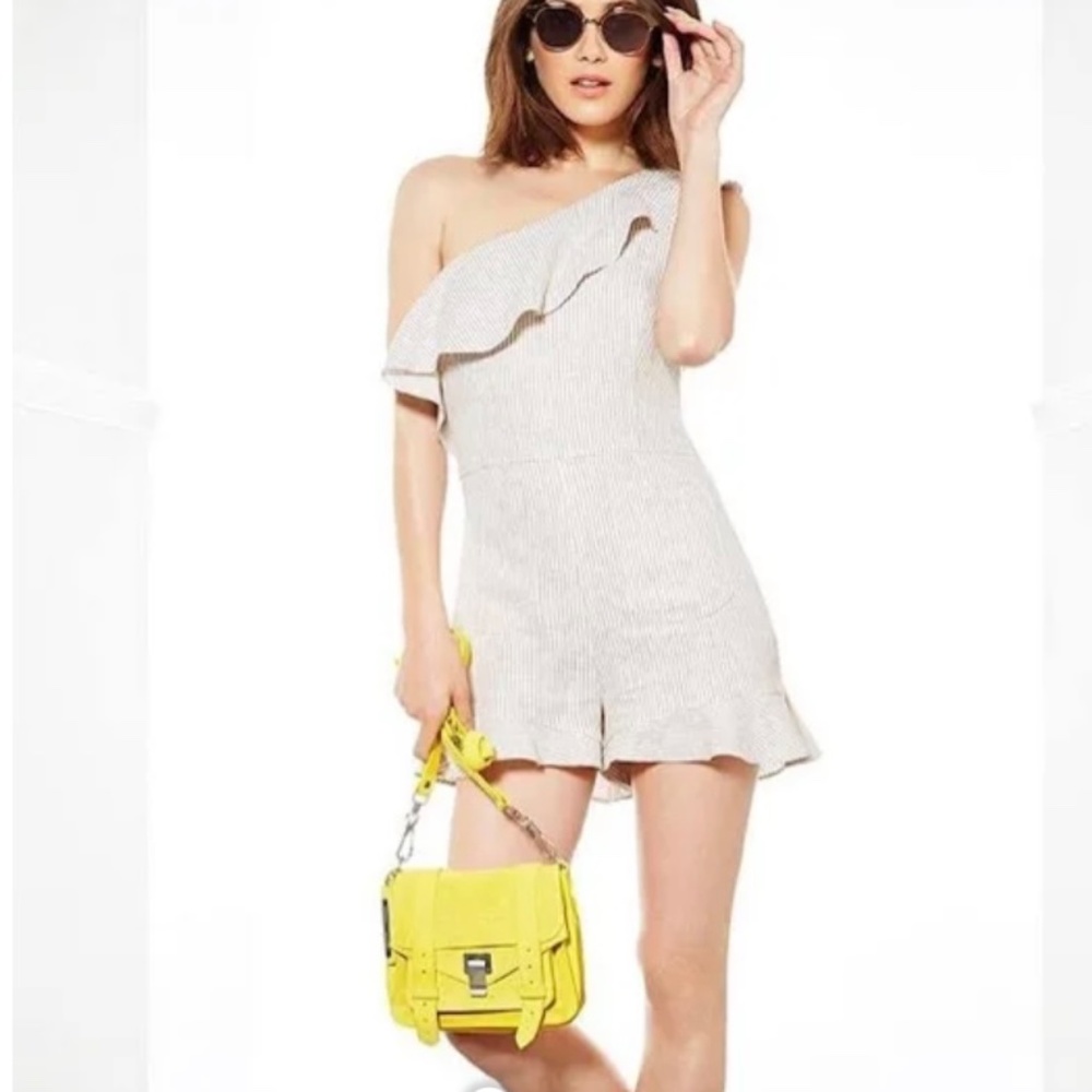 INTERMIX Linen Blended Pinstriped Beige/Cream, One Shoulder Ruffle Romper, Small - Picture 4 of 16